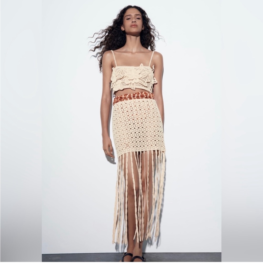 Zara Crochet Knit Fringed Skirt